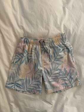 Kids Pastel Leaf Print Swim Trunks - Light Blue & Pink